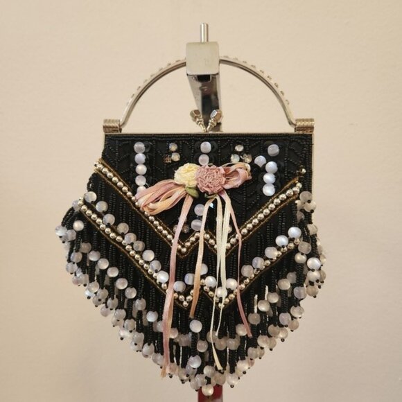 Beaded Handbag Black & White Clutch Purse No Strap - Picture 6 of 13